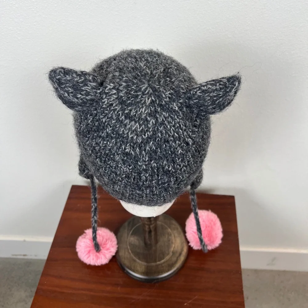 Andes Gifts Kids Cat Earflap Beanie Alpaca Blend Grey Pink Pom Pom Hat Peru